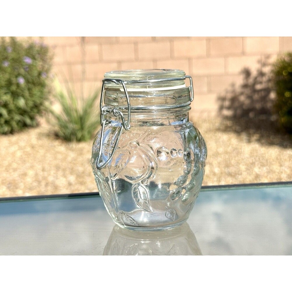 Embossed Vintage Glass Jar With Locking Lid Mason Style Jar, Canning Fruit Motif